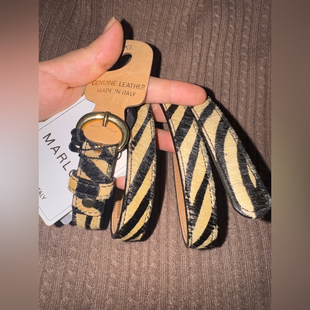 Marlon pony hair real calf leather zebra taupe/black women belt made in Italy XL